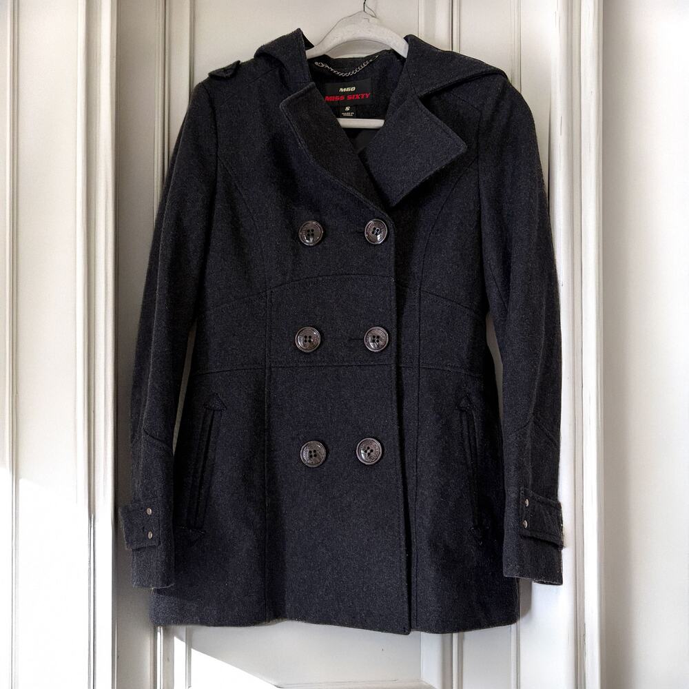 MISS SIXTY Wool Blend Y2K Hooded Double Breasted Peacoat in Gray Size S